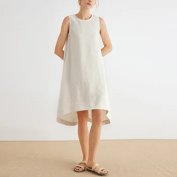 100% Linas, Elegantiškas Šalis Suknelės Moterims 2023 Atsitiktinis Rankovių Asimetrinė Atgal Mygtuką Moterų Vasaros Suknelė Boho Suknelė