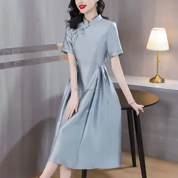 2023 kinijos pagerėjo, mada, retro stiliaus moteris cheongsam suknelė stovėti apykaklės trumpas rankovės elegantiškas prarasti ilgai qipao suknelė s763