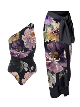 2023 Mados Gėlių Spausdinti Vienos Pečių vientisi maudymosi kostiumėlį Padengti Iki Moterų Elegantiškas Bikini Prabangus maudymosi Kostiumėliai, Maudymosi Kostiumą Paplūdimio