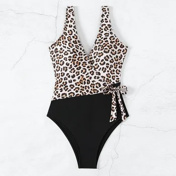 2024 Naujas Leopard Print Moteris Vienos dalies maudymosi kostiumėlį,seksualus Aukšto Juosmens Kratinys Bikini,Giliai V Suspender Backless Vasaros Paplūdimio Y286
