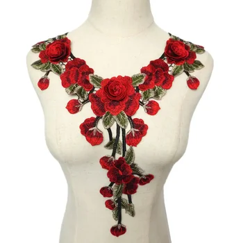Audinio Raudona Rožė 3D Gėlės Lapai Išsiuvinėti Vestuvių Appliques Apykaklės Siūti Lopai Suknelė 