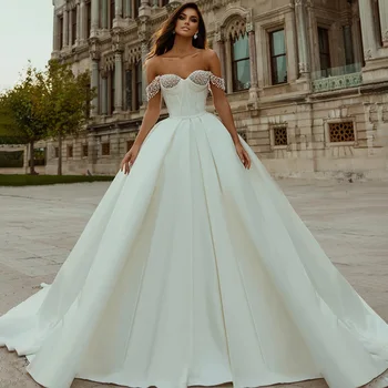Dramblio kaulo Satino Vestuvių Suknelė Moterims 2023 Nuotaka Duobute nuo Peties Brangioji Kamuolys Suknelė Prabangos Ilgai 