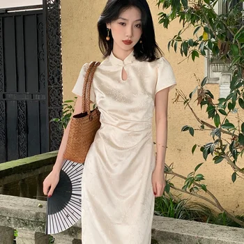 Elegantiškas Satino Cheongsam Moterys Naujas Kinų Stiliaus Suknelės Seksualus Žakardo Qipao Ilgos Suknelės Vasarą Naujų Vestidos Slim Qipao Hanfu