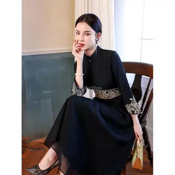 Iki 2023 m. pavasarį naujas juodas kinijos pagerėjo cheongsam suknelė retro stiliaus stovėti apykaklės pusė rankovės dailių moterų šalies qipao suknelė