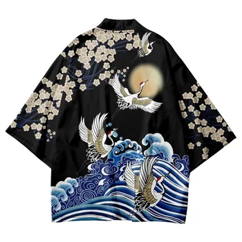 Kinų Stiliaus Krano Spausdinti Juodas Kimono Mados Japonijos Streetwear Vyrų, Moterų Megztinis Cosplay Marškinėliai Harajuku Samurajus Haori