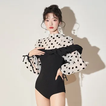 Korėjos ilgomis rankovėmis Aukštos Juosmens vientisas maudymosi kostiumėlis Moterims Trikampis Pilvo Coverup Plonas Konservatorius Karšto Pavasario Plaukimo Kostiumas 2023 Naujas