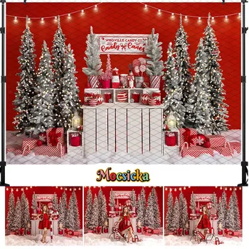 Mocsicka Mocsicka Kalėdų Candy Shop Fonas Vaikų Portretas Atostogų Šalis Fotografijos Raudona Siena Kalėdų Medžio Dekoro Studija