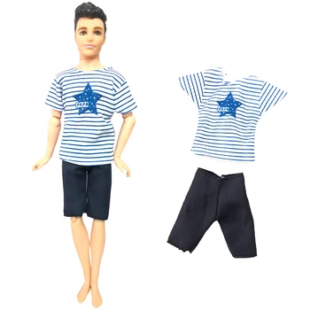 NK 1 VNT Laisvalaikio Drabužiai trumpomis Rankovėmis Dryžuotas marškinėliai Modelis Viršūnes Džinsai, Kelnės Nuosėdos Kostiumas Drabužius Barbie Doll Lėlė Kenas