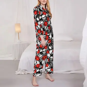 Pižama Moterų Cukraus Kaukolės Miegamasis Sleepwear Raudonos Gėlės Spausdinti Dviejų Dalių Atsitiktinis Pižama Nustatyti Ilgomis Rankovėmis, Šiltas Negabaritinių Namų Kostiumas