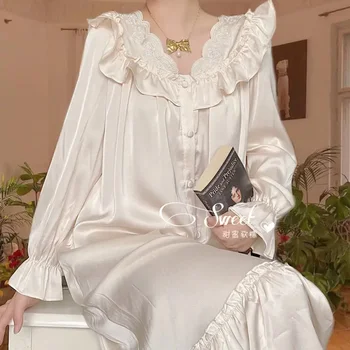 Prancūzijos Moterų Persirengimo Suknelė Naktį Suknelė moteriškas chalatas teismas stiliaus Šilko Chalatai naktiniai drabužiai Satino Sleepwear Vasaros Nightdress Didelio Dydžio