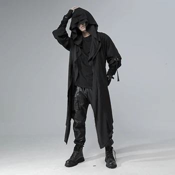 Tamsiai Žaliojo Tranšėjos Paltai Dvigubai Dizaino Gobtuvu Žaliojo Kailis Ilgas Yamamoto Goth Punk Per Kelio Skraiste