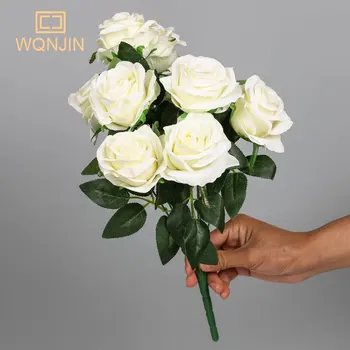 WQNJIN 1 Puokštė 9 vadovai Dirbtinių Rožių Žiedai Balti Rožinė Šilko Netikrą Gėlių flores, 
