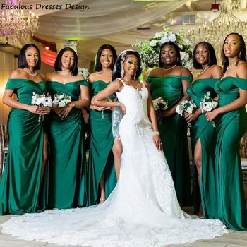Žalia Off Peties Ilgai Undinė Bridesmaid Dresses Su Šoniniais Ritininės Brangioji Kaklo Vestuves Suknelė Moterims Kambarinės Garbę