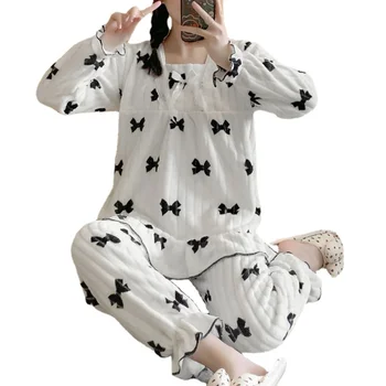 Žiemos Flanelė Princesė Moterų Pižama Rinkiniai Dryžuotas Spausdinti Teddy Sleepwear Aksomo Homewear Kawaii Girl Pijamas Mujer Pyjama